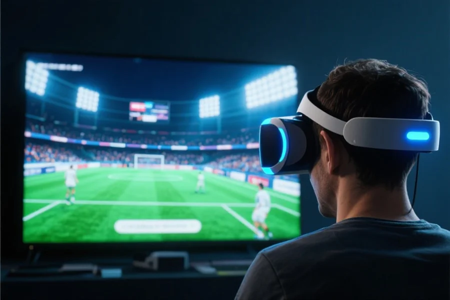 虚拟现实头盔下的用户正在体验沉浸式在线体育赛事，屏幕上投射着高清的数字化体育场景